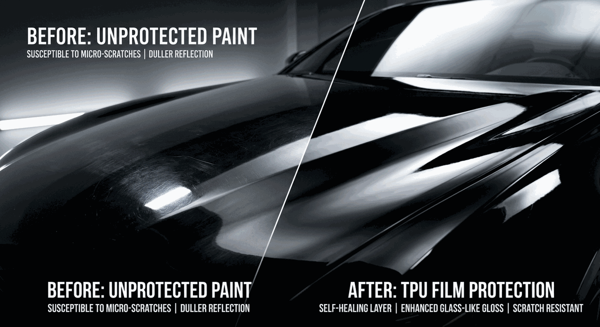 เปรียบเทียบผิวสีรถก่อนและหลังติดฟิล์ม TPU แสดงความทนรอยขีดข่วน