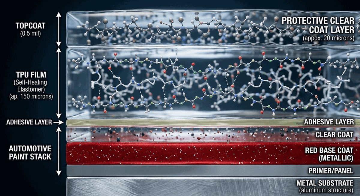 โครงสร้างโมเลกุลของฟิล์ม TPU พร้อมชั้นปกป้องบนผิวสีรถ
